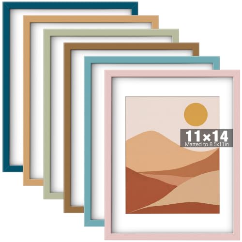11 x 14 Picture Frame Set of 6, Boho Colorful Photo Frames | Display Pictures 8.5 x 11 with Mat, or 11 x 14 without Mat Picture Frame, with Acrylic Cover, for Gallery Wall Mount Decor - size: 11 x 14