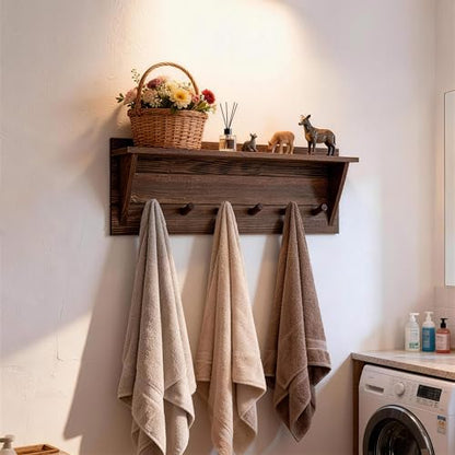 WEBI Coat Rack Wall Mount with Shelf,24" Long Entryway Wall Shelf with Hooks Underneath,6 Peg Hooks for Hanging Coats,Caps,Jacket,Clothes,Brown - color: Brown, size: 24 Inch