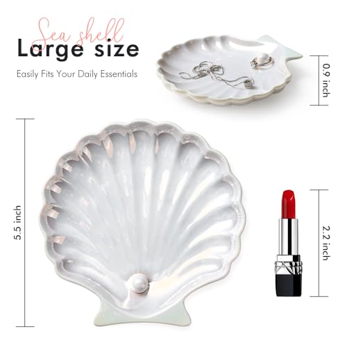Shell Ring Holder Dish, Shell Jewelry Tray, Trinket Dish, Cute Decorations for Coastal Home Decor, Bathroom Decor, 5.5", White - style: Shell White