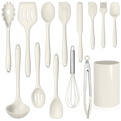 LIANYU 14 Pcs Silicone Cooking Utensils Set with Holder, Cream White | Kitchen Utensils Set for Non-Stick Cookware, 446°F Heat Resistant Cooking Tools with Comfort Grip Handle, Dishwasher safe - color: Cream White