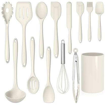 LIANYU 14 Pcs Silicone Cooking Utensils Set with Holder, Cream White | Kitchen Utensils Set for Non-Stick Cookware, 446°F Heat Resistant Cooking Tools with Comfort Grip Handle, Dishwasher safe - color: Cream White