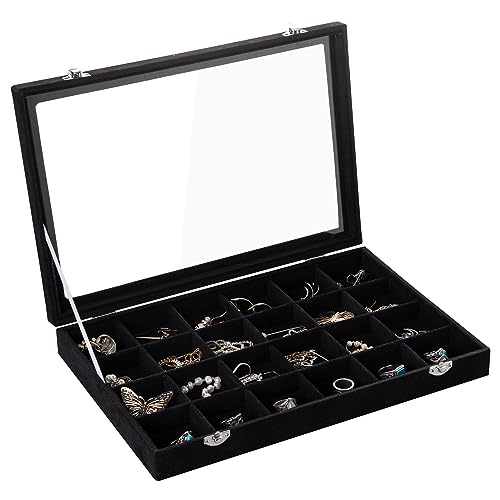 24 Grid Earring Organizer,Velvet Jewelry Tray with Clear Lid | Drawer Jewelry Organizer for Rings Studs Brooch,Adjustable Divider,Dustproof Design,Earring Storage,Trinket Box,13.8×9.5Inch - color: Black, size: 24 Grid
