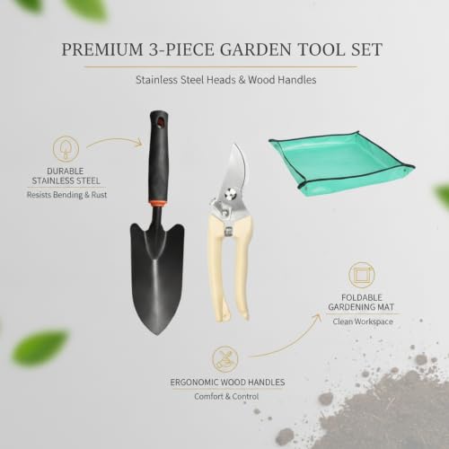 Effortless Digging and Pruning: 3-Piece Gardening Kit with Stainless Steel Heads and Wood Handles