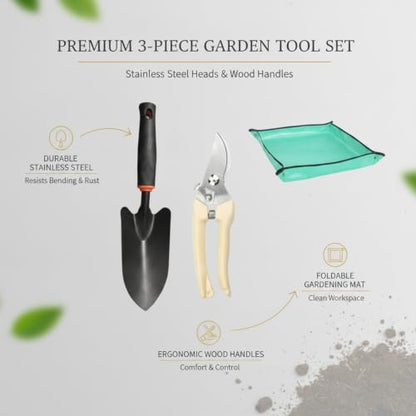 Effortless Digging and Pruning: 3-Piece Gardening Kit with Stainless Steel Heads and Wood Handles