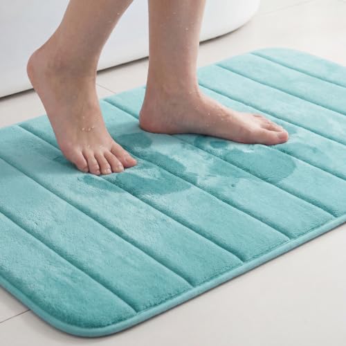 Flamingo P Memory Foam Non Slip Bathroom Mat Rug, Extra Soft Absorbent Bath Mats Rugs Machine Washable for Shower, 20x32 Inches, Aqua Green - color: Aqua Green Straight Line, size: 32" x 20"