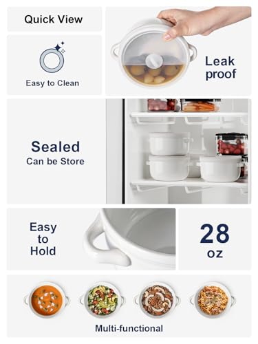 LE TAUCI Soup Bowls With Handles 28 oz and Silicone Lids, French Onion Soup Bowl for Chili, Beef Stew, Cereal, Ceramic Soup Crocks oven Safe, Microwave Dishwasher Safe - 5.5 inch, Set of 4, White - color: White+Lid