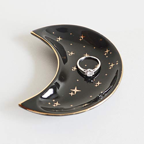 Small Moon Jewelry Dish Tray, Decorative Ceramic Trinket Dish, Modern Accent Tray for Vanity, Black - color: Black
