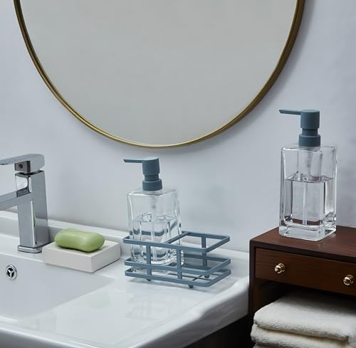 Square 3 Piece Glass Clear Lotion and Soap Pump Dispenser Set with Metal Stand Caddy for Bathroom Bath Kitchen Home Office Travel Hotel Hand Crafted Heavy Weight Spa Blue - color: Spa Blue