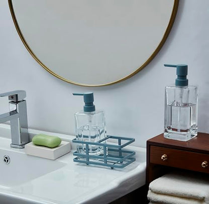 Square 3 Piece Glass Clear Lotion and Soap Pump Dispenser Set with Metal Stand Caddy for Bathroom Bath Kitchen Home Office Travel Hotel Hand Crafted Heavy Weight Spa Blue - color: Spa Blue