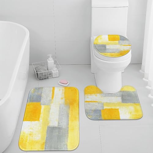 Bathroom Rug Set of 3, Bath Mats Abstract Art | Painting Yellow Grey 3 Pieces No Silp Washable Cover Floor Rug Decorations for Kitchen Bathroom