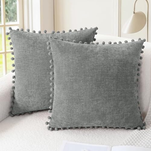 CaliTime Decorative Couch Throw Pillow Covers 16 X 16 Inches Medium Grey | Pack of 2, Cozy Chenille Cushion Cases, with Pom Poms for Sofa Bed Living Room Farmhouse Home - color: Medium Grey, size: 16" x 16" (Pack of 2)