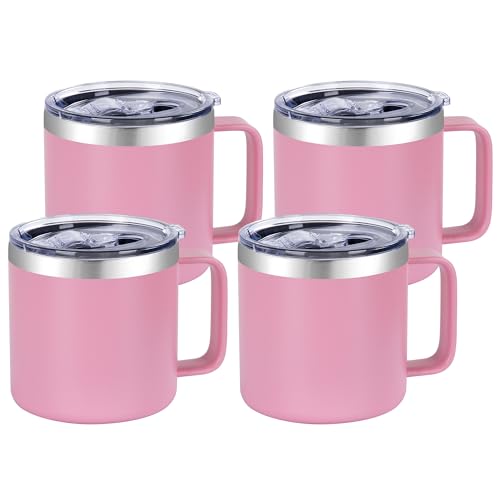 VEGOND 14 oz Insulated Coffee Mug Bulk with Handle, Stainless Steel Travel Coffee Mug with Lid, Double Wall Vacuum Metal Coffee Cup, Coffee Tumbler Powder Coated, Pink 4 Pack - color: Pink, size: 14 Ounces (4 Pack)