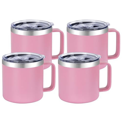 VEGOND 14 oz Insulated Coffee Mug Bulk with Handle, Stainless Steel Travel Coffee Mug with Lid, Double Wall Vacuum Metal Coffee Cup, Coffee Tumbler Powder Coated, Pink 4 Pack - color: Pink, size: 14 Ounces (4 Pack)