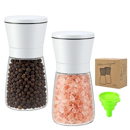 R DRURLCD White Salt and Pepper Grinder Set of 2, Manual Ceramic Spice Mills with Stainless Steel & Glass Body, Adjustable Grinding for Kitchen Decor & Gifts - color: White, size: 2PK