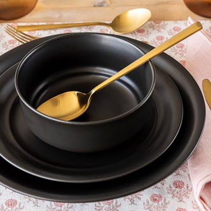over&back Rim Dinnerware Set - Stoneware Dishes - Comes with 4 Dinner Plates, Salad Plates, Cereal Bowls, and Dinner Bowls - 16-Piece All-Occasion Place Settings - Serves Four - Semi-Matte Black - color: Black, size: Dinner Set | 16 Pieces