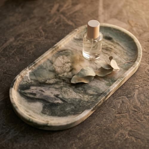 YKAJO Shangri-la Green Oval Marble Tray, 11.8x5.9 Vanity Perfume Organizer | Honed natural stone; jewelry & trinket dish, ring & key holder, soap & candle catchall; bath counter, dresser, coffee table - color: Shangri-la Green, size: 11.8" x 5.9" x 0.6"