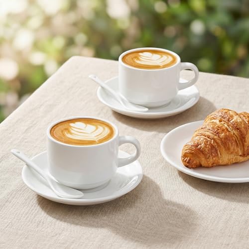 Hedume 6 Pack 5 OZ Espresso Cups with Saucers and Spoons, Stackable Espresso Coffee Cup Set for Specialty Coffee Drinks, Latte, Cafe Mocha and Tea - Safe for Dishwasher, Microwave, Oven and Freezer