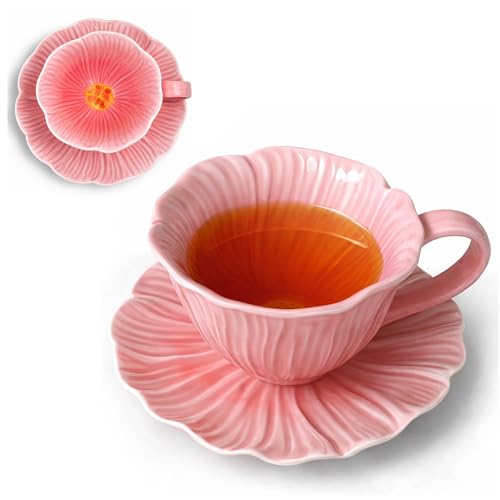 10 oz Tea Cups and Saucers, Hand-Painted Ceramic Flower-Shaped Coffee Cup | Saucer Set, Microwave & Dishwasher Safe, Elegant Floral Cup Set Gift for Women - color: Pink