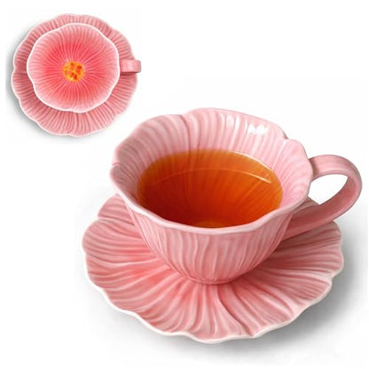 10 oz Tea Cups and Saucers, Hand-Painted Ceramic Flower-Shaped Coffee Cup | Saucer Set, Microwave & Dishwasher Safe, Elegant Floral Cup Set Gift for Women - color: Pink