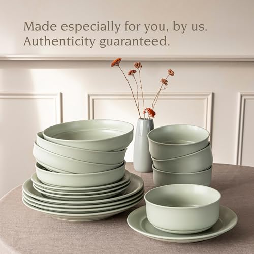 over&back Rim Dinnerware Set - Stoneware Dishes - Comes with 4 Dinner Plates, Salad Plates, Cereal Bowls, and Dinner Bowls - 16-Piece All-Occasion Place Settings - Serves Four - Semi-Matte Sage - color: Sage, size: Dinner Set | 16 Pieces