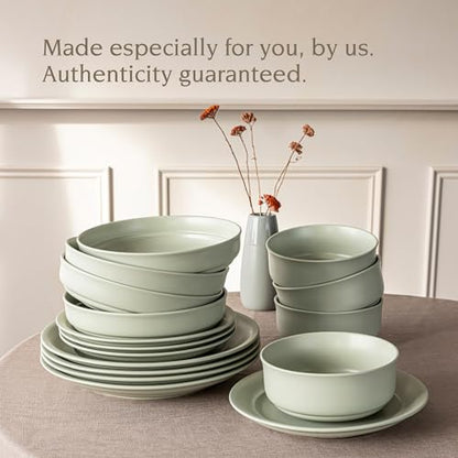 over&back Rim Dinnerware Set - Stoneware Dishes - Comes with 4 Dinner Plates, Salad Plates, Cereal Bowls, and Dinner Bowls - 16-Piece All-Occasion Place Settings - Serves Four - Semi-Matte Sage - color: Sage, size: Dinner Set | 16 Pieces