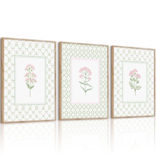 Pink Green Floral Wall Art Girl Room Wall Decor Nursery Flower Pictures Pastel Floral Canvas Posters Cute Flower Prints Pink Sage Green Botanical Painting for Bathroom Bedroom 12x16 Inch Unframed 3Pcs - color: Pink Green Art, size: 12''x16'' Unframed