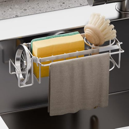 TAILI 4-in-1 Sponge Holder for Kitchen Sink with Strong Suction Cup-Silver | Removable Rustproof 304 Stainless Steel Multi-compartment Sponge Holder with Suction Cup, Keeps Brushes & Scrubbers Tidy - color: Silver, size: 7.28" x 2.36"