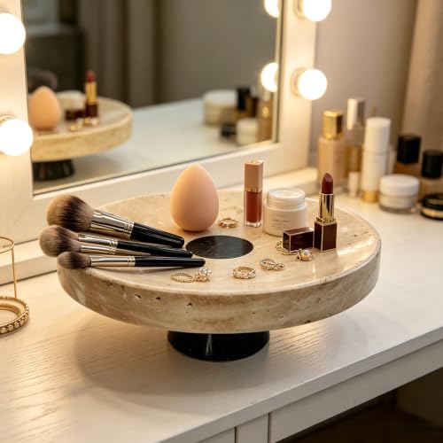 Large Natural Travertine Marble Pedestal Tray 10.2" x 10.2" x 4.3", Footed Decorative Stone Bowl, Coffee Table Centerpiece, Entryway Catchall Vanity Organizer Tray - size: 10.24*4.33in