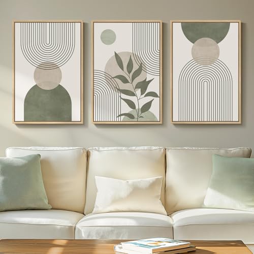Framed Sage Green Boho Wall Art for Living Room, 3 Piece Minimalist Beige and Green Bohemian Artwork for Walls, Large Geometric Leaf Line Boho Paintings Prints for Bedroom Hallway Wall Decor, 16x24 In - color: Green Beige Boho-Wood Framed, size: 16" W x 2