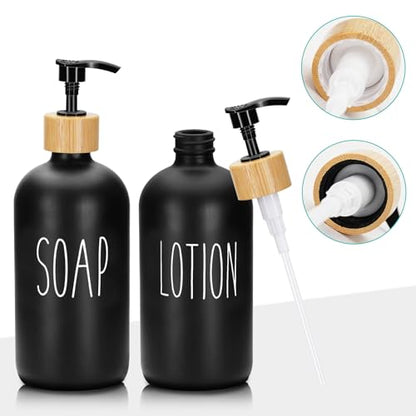 2 Pack 16 Oz Glass Soap Dispenser Set with Tray, Hand Dish Soap Dispenser Set for Bathroom and Kitchen Bottle Dispenser with Dish Soap, Hand Soap, Lotion (Black（Soap） Black (Lotion)) - color: Black（soap）black (Lotion)