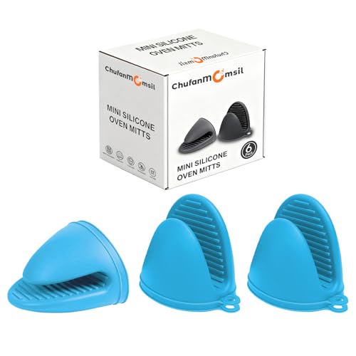 3 Pairs Oven Mitts Silicone Pot Holders Set Heat Resistant for Kitchen - Mini Silicone Oven Gloves Small Mittens Short Grips for Cooking & Baking, Blue - color: Blue