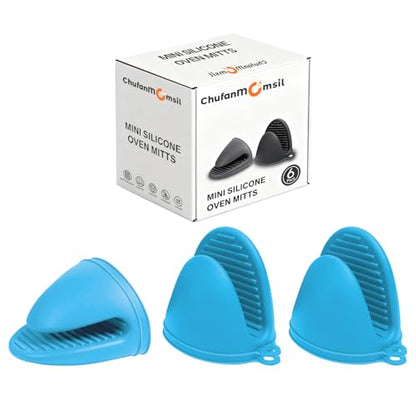 3 Pairs Oven Mitts Silicone Pot Holders Set Heat Resistant for Kitchen - Mini Silicone Oven Gloves Small Mittens Short Grips for Cooking & Baking, Blue - color: Blue