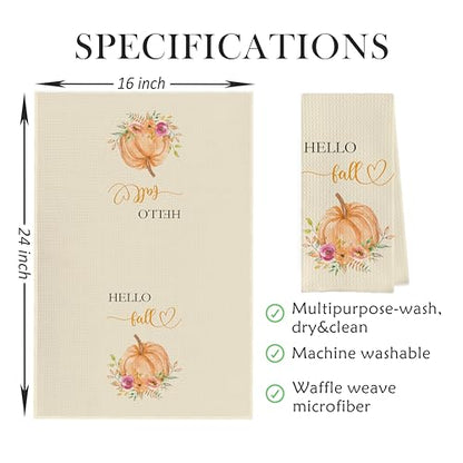 Fall Pumpkin Dish Towels Set - Fall Leaves Gifts Waffle Weave Kitchen Towels, Fall Pumpkin Gifts Hand Tea Towels, Autumn Bathroom Kitchen Decor (16×24 Inches Set of 2) - color: Fall-5
