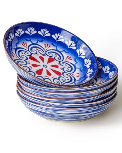 Yeacccng Bohemian Pasta Bowls Set of 6, 8.5 Inch 35 Oz Ceramic Serving Bowls, Blue Color Block Design, Lead-Free Cadmium-Free, Dishwasher Microwave Oven Safe, Scratch-Resistant Salad Soup Bowls - size: 8.5 inch pasta bowl (Blue*6)