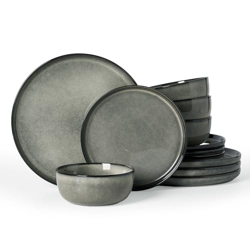 Famiware Milkyway 12-Piece Stoneware Dinnerware Set, Greenish Brown | Plates and Bowls for 4, Handmade Reactive Glaze Dish Set, Microwave & Dishwasher Safe, Chip & Scratch Resistant - color: Greenish Brown, size: Service for 4 (Standard Dinner Set)