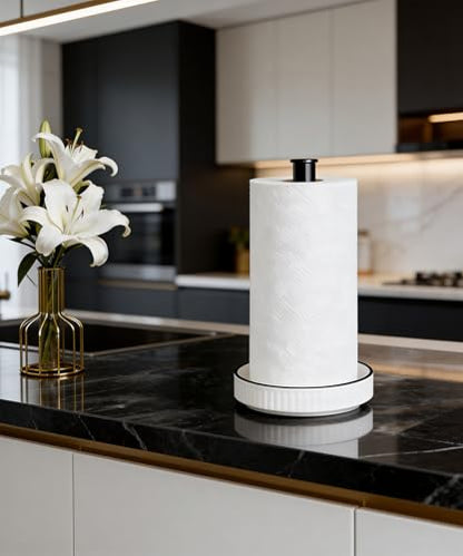 Paper Towel Holder, Ceramic Heavy Plate Base Wobble-Free, Roll Stand-Wh-bk | Effortless Cleaning and Easy to Assemble, Super Large for Triple Rolls, High End Looking as a Good Gift for Kitchen Island - color: Farmhouse White