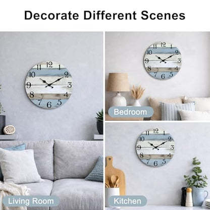 JoFomp 10 Inch Wooden Wall Clocks Battery Operated, Silent Wall Clock Non Ticking, Coastal Country Design Rustic Wall Clocks for Living Room Decor, Small Wall Clock for Bedroom Kitchen Bathroom - size: 10 Inch