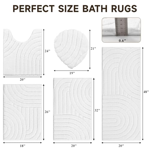 Pauwer Bathroom Rugs Sets 5 Piece, Absorbent Non Slip Bath Mat Set, White | Machine Washable, Microfiber Plush, Quick Dry Runner, U Shaped Contour Toilet Rugs, Shower Mats and Toilet Lid Cover - color: White