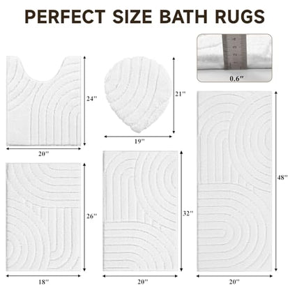 Pauwer Bathroom Rugs Sets 5 Piece, Absorbent Non Slip Bath Mat Set, White | Machine Washable, Microfiber Plush, Quick Dry Runner, U Shaped Contour Toilet Rugs, Shower Mats and Toilet Lid Cover - color: White