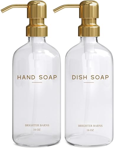 Luxury Glass Soap Dispenser Set by Brighter Barns - Hand and Dish Soap Dispenser for Kitchen Sink - Refillable Glass Bottles with Stainless Steel Pumps - Modern Gold Kitchen Decor & Accessories (Gold) - color: Clear Gold Hd