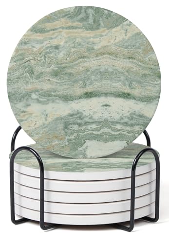 Set of 6 Sage Green Abstract Onyx Marble Coasters with Holder, Absorbent Ceramic Coasters for Drinks, Coasters with Cork Backing for Table Protection, Coffee Table Decor - color: Sage Green
