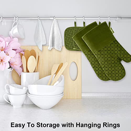 KEGOUU Oven Mitts and Pot Holders 6pcs Set, Kitchen Oven Glove High Heat Resistant 500 Degree Extra Long Oven Mitts and Potholder with Non-Slip Silicone Surface for Cooking (Olive Drab) - color: Olive Drab