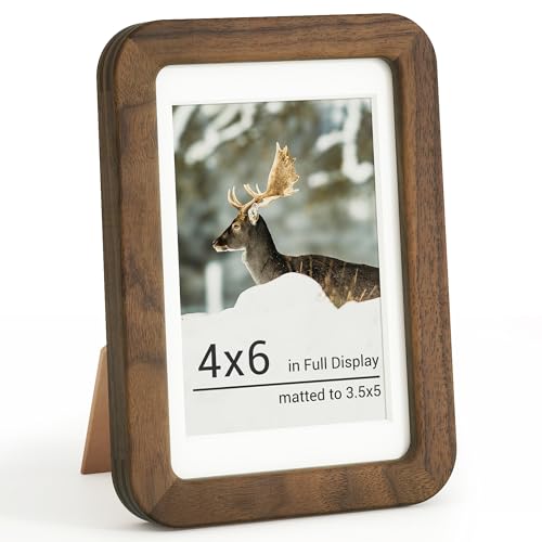 RICHFOCUS 4x6 Picture Frame, Solid Walnut Wood Photo Frame with Double Tenon Rounded Corner & Chamfered Curved Edge, 4 by 6 Wooden Frame Matted to 3.5x5 Photos, Diploma Certificate Document Frame - color: Walnut, size: 4x6