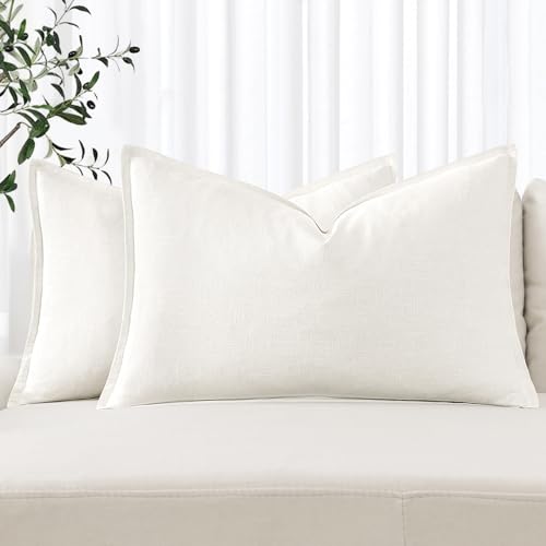MIULEE Decorative Linen Lumbar Pillow Covers 12x20 Inch Cream White | Boho Farmhouse Neutral Couch Throw Pillows for Bed, Pack of 2 Accent Modern Pillowcases, Sofa Livingroom Home Decor - color: Cream White, size: 20" x 12" (Pack of 2)