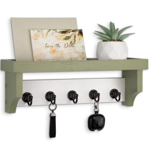 Key and Mail Holder Wall Mount, Key Holder with Shelf and Mail Organizer Wall Mount. Mail Holder with 5 Hooks for Coat, Dog Leash, Home Decor Rack, Entry Way Organizer (White & Sage Green) - color: White & Sage Green