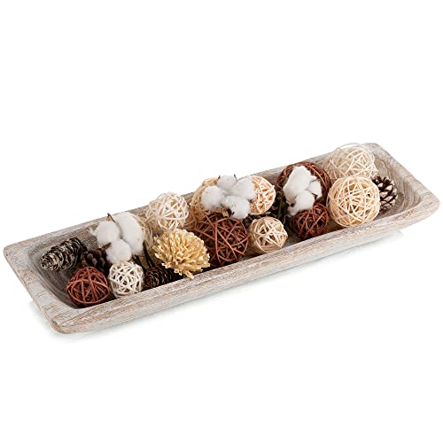 Hanobe Large Decorative Bowl for Coffee Table Entryway Decor, White Wood | 19.6", Mid Century Farmhouse Style, Long Potpourri Tray for Kitchen Dining Table Centerpiece, Mantle Decor - color: White Washed, size: 20"