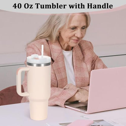 4 Pack 40 Oz Tumbler with Handle Bulk, Double Wall Vacuum Insulated Stainless Steel Tumbler with Lid and Straw, 40 oz cup with Silicone Spill Proof Stopper Set (Rose Quartz) - color: Rose Quartz
