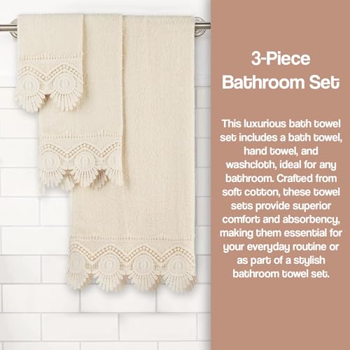 Zahari Home 3 Piece Laced Towel Set - Stylish Soft Plush Cotton Towels with Hand Towel & Washcloth - Highly Absorbent Towels for Bathroom, Gym, Hotel & Spa (Crochet Beige) - color: Crochet-beige