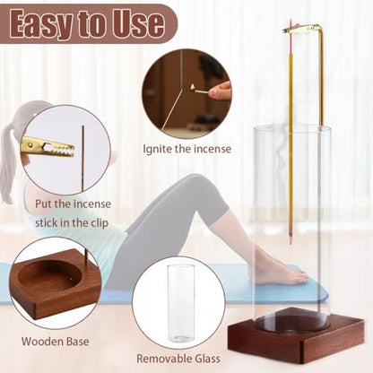 Anti Ash Flying Incense Burner with 80 Pcs Incense Sticks, Wood Incense Holder, Removable Glass Ash Catcher, Incense Burner Holder for Home Decor Meditation Yoga Spa