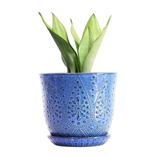 Gepege 10 Inch Ceramic Plant Pot for Indoor Plants with Drainage & Saucer | Large ceramic plant pot with drainage hole, ceramic saucer and mesh pad, ideal for indoor plants, flowers and houseplants - color: Blue, size: 10 Inch